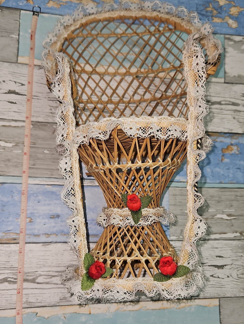 Mini Peacock Wicker Fan Back Rattan Chair Doll Plant Stand Boho Decor - 14"